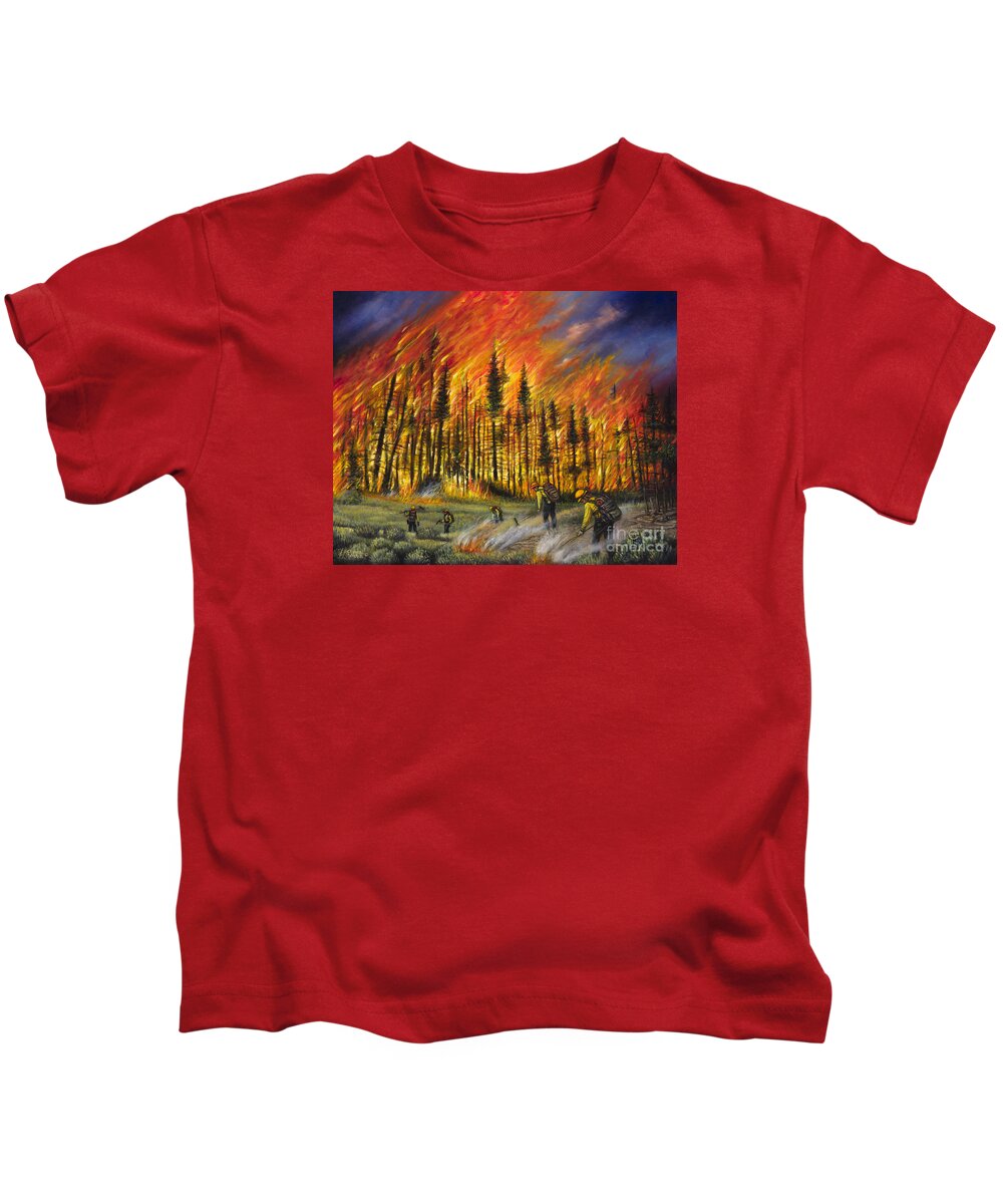 Fire Kids T-Shirt featuring the painting Fire Line 1 by Ricardo Chavez-Mendez