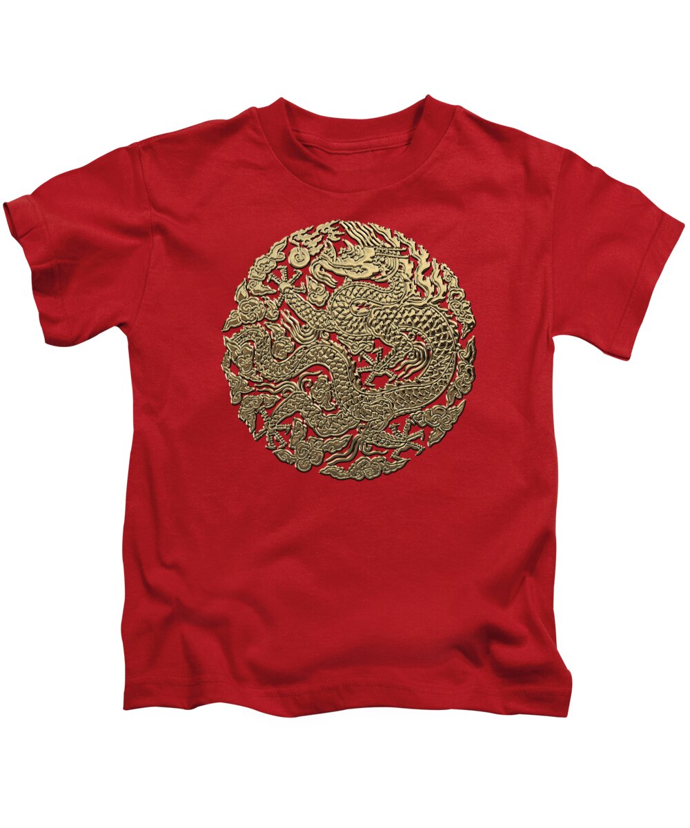 'treasures Of China' Collection By Serge Averbukh Kids T-Shirt featuring the digital art Golden Chinese Dragon on Red Leather by Serge Averbukh