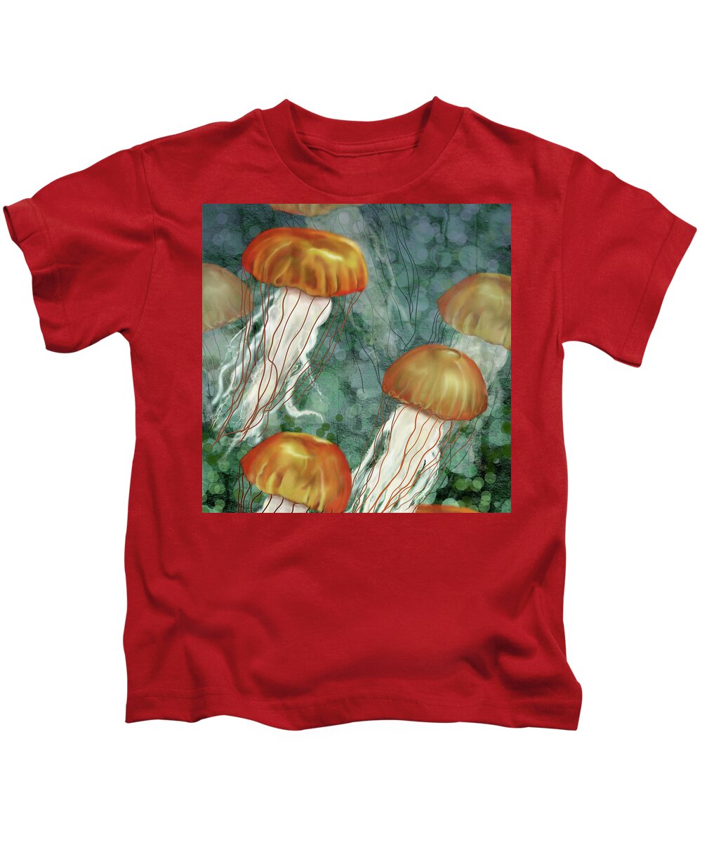 Jellyfish Kids T-Shirt featuring the digital art Golden Jellyfish in Green Sea by Sand And Chi