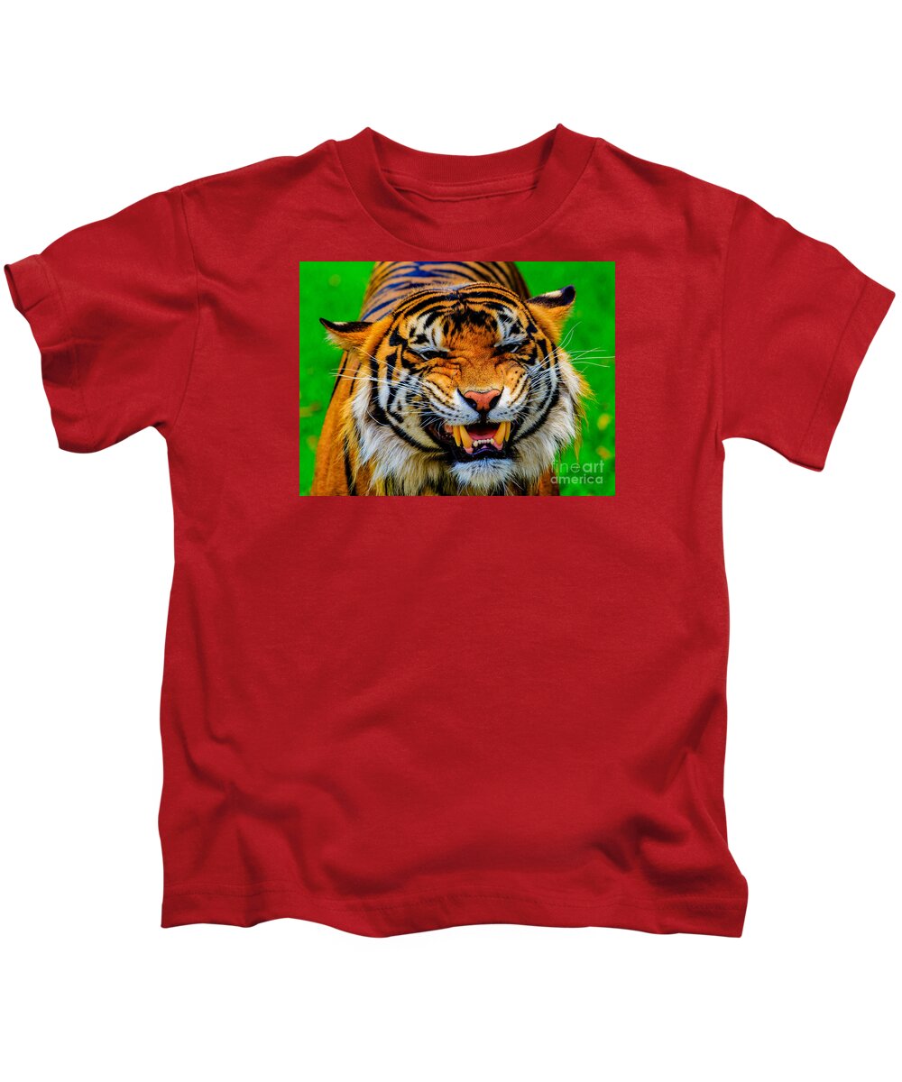 Animal Kids T-Shirt featuring the photograph Growling Tiger by Ray Shiu