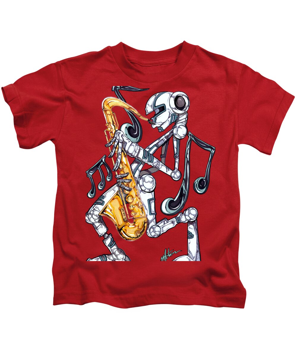 Metallic Musician Kids T-Shirt featuring the mixed media Jazzmen Saxophone player by Demitrius Motion Bullock