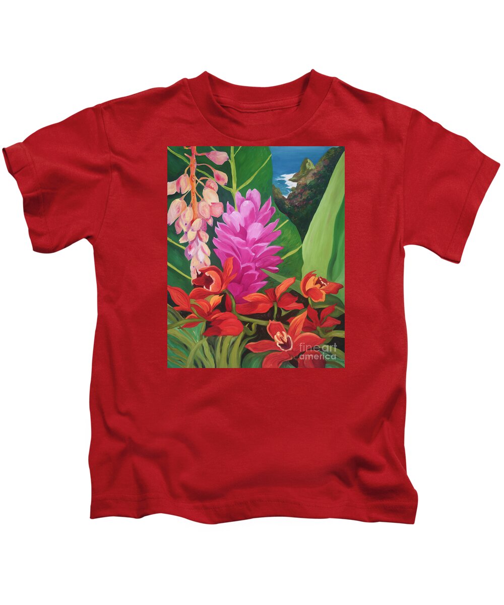 Maui Flowers Kids T-Shirt featuring the painting Jurassic Ginger by Cathy Carey