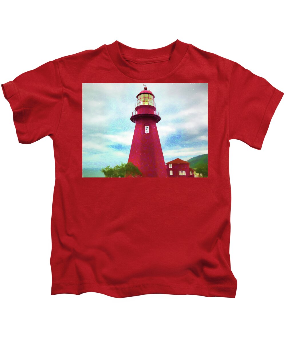 Red Lighthouse In Canada Kids T-Shirt featuring the digital art La Martre Lighthouse by Susan Lafleur