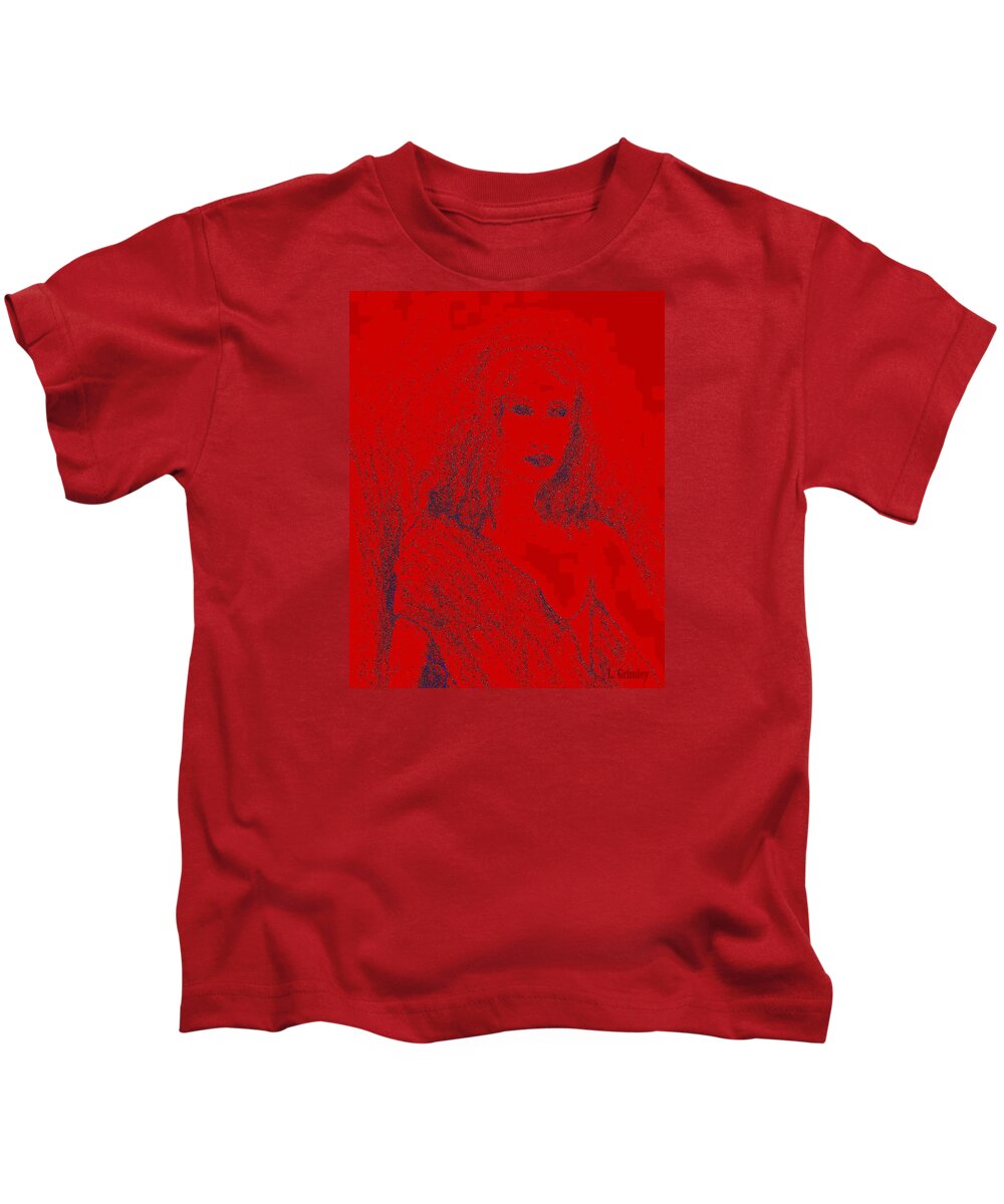 Red Kids T-Shirt featuring the drawing Mystery Woman II by Lessandra Grimley