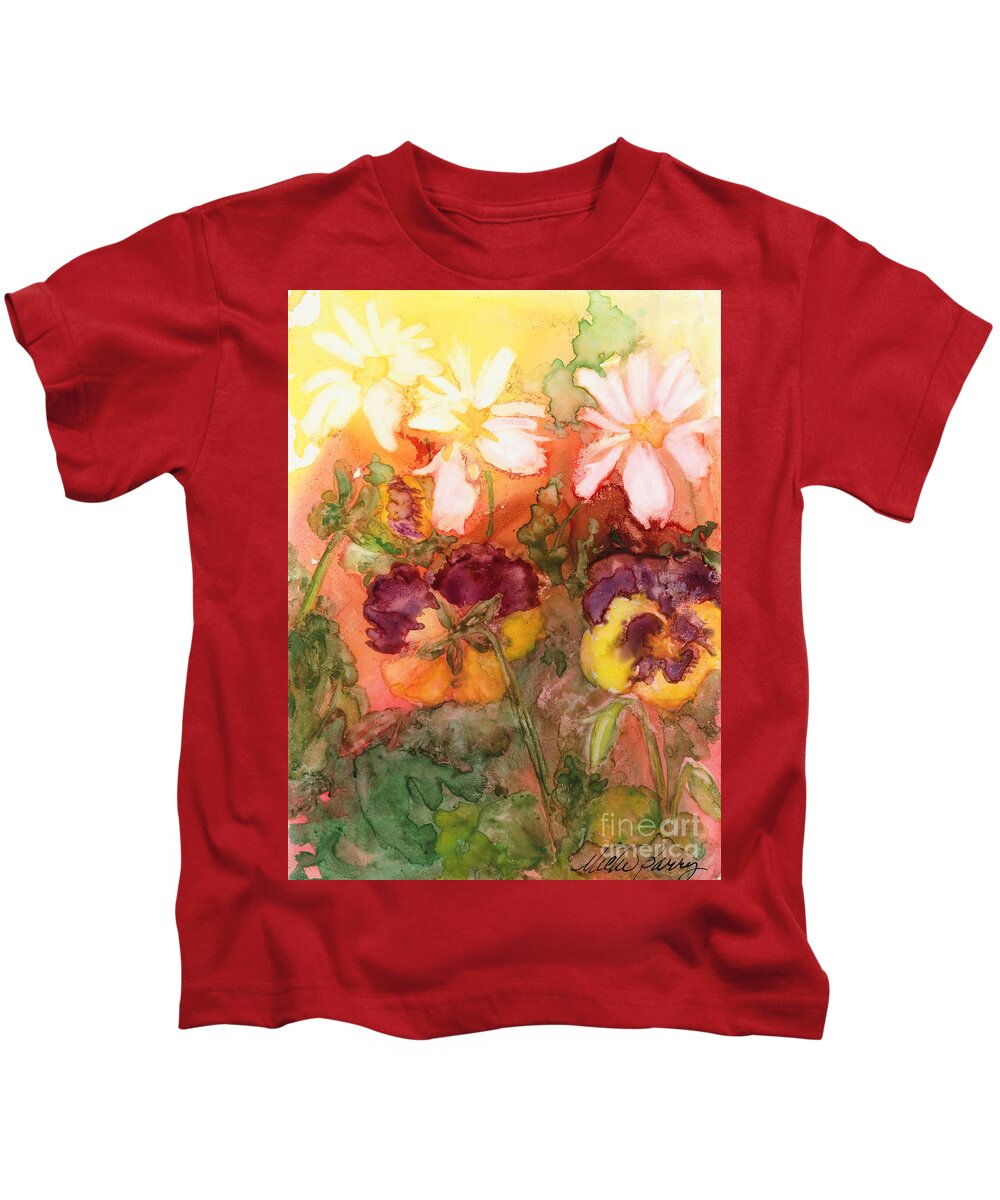 Watercolor Kids T-Shirt featuring the painting Pansies by Vicki Baun Barry