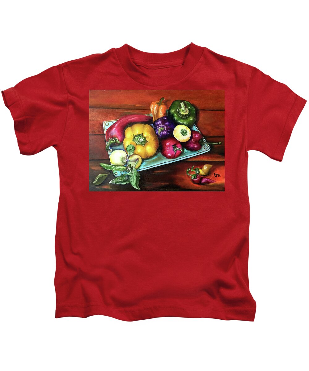 Still Life Kids T-Shirt featuring the painting Peppers and a Turquoise Tray by Terry R MacDonald