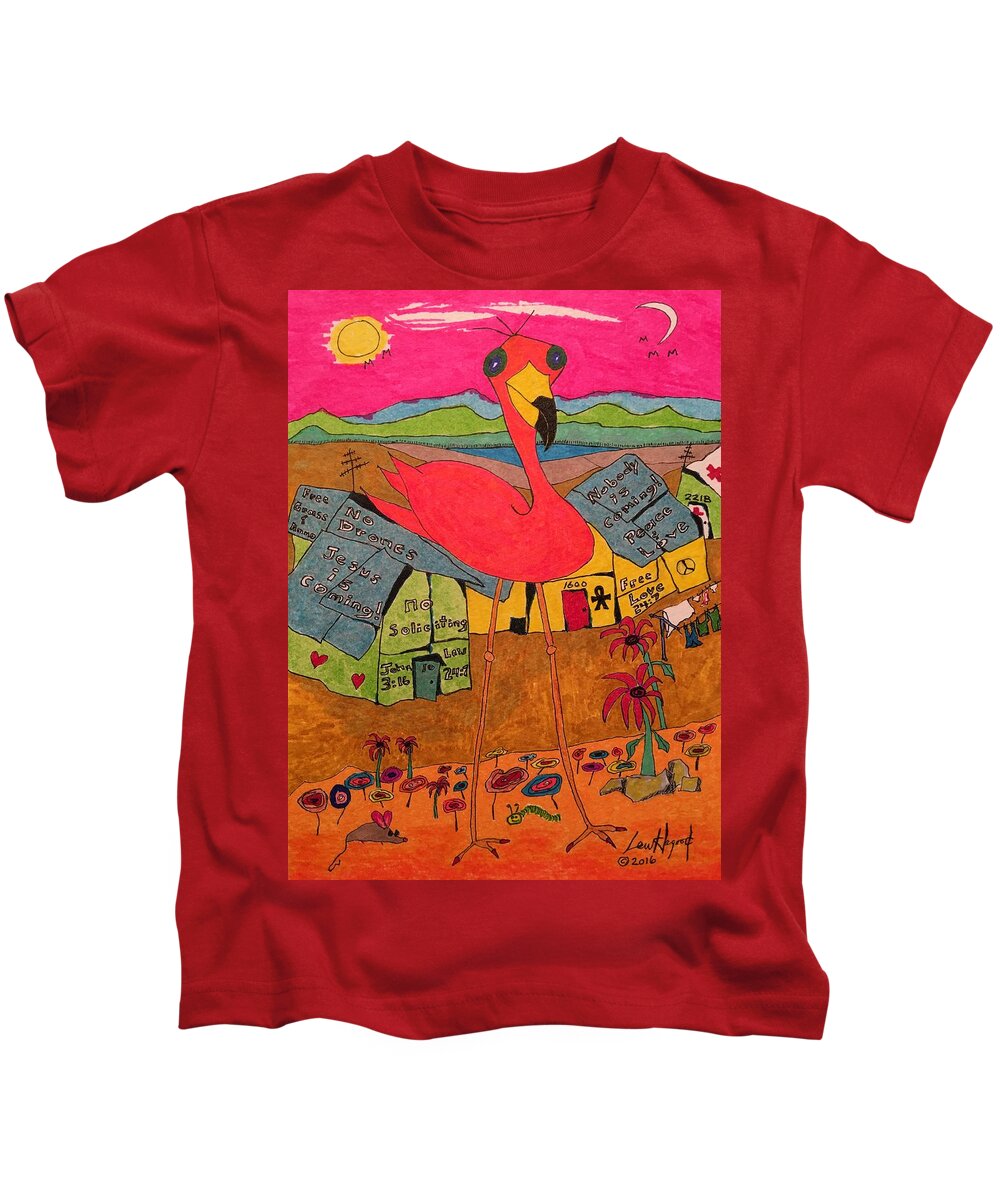 Hagood Kids T-Shirt featuring the painting Pink Flamingo Camp by Lew Hagood
