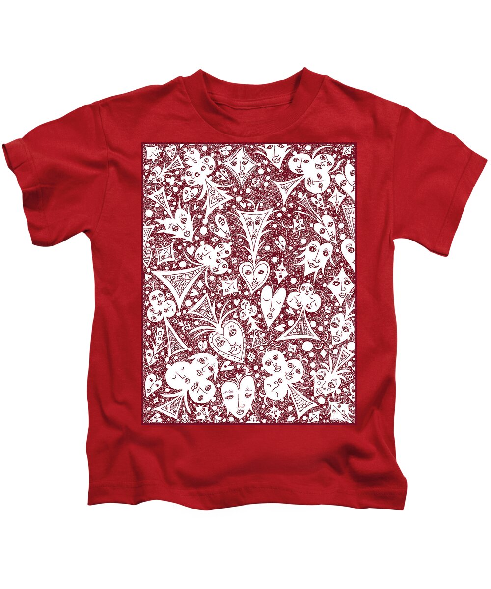Lise Winne Kids T-Shirt featuring the drawing Playing Card Symbols with Faces in Red by Lise Winne