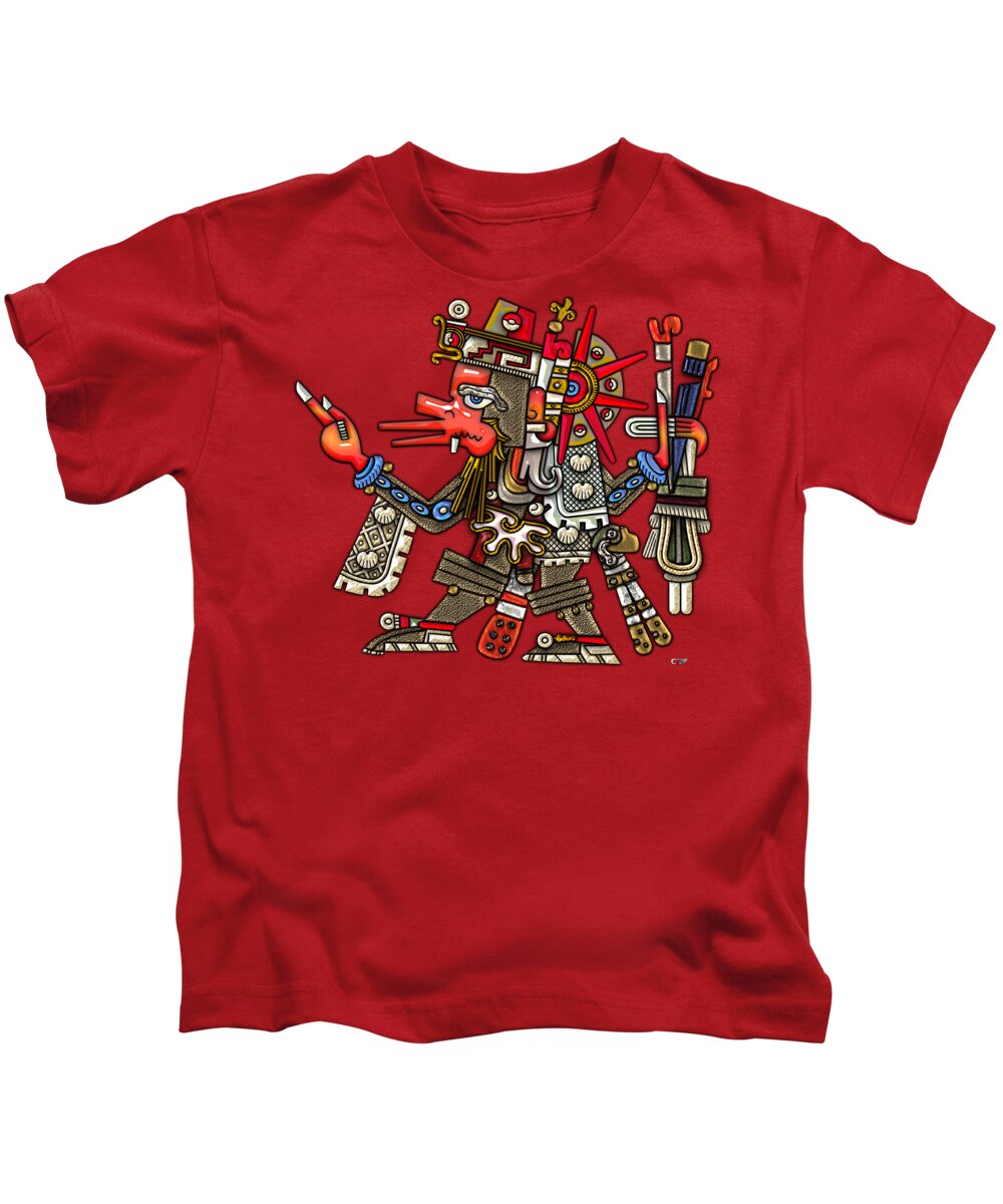 'treasures Of Mesoamerica' Collection By Serge Averbukh Kids T-Shirt featuring the digital art Quetzalcoatl in human warrior form - Codex Borgia by Serge Averbukh