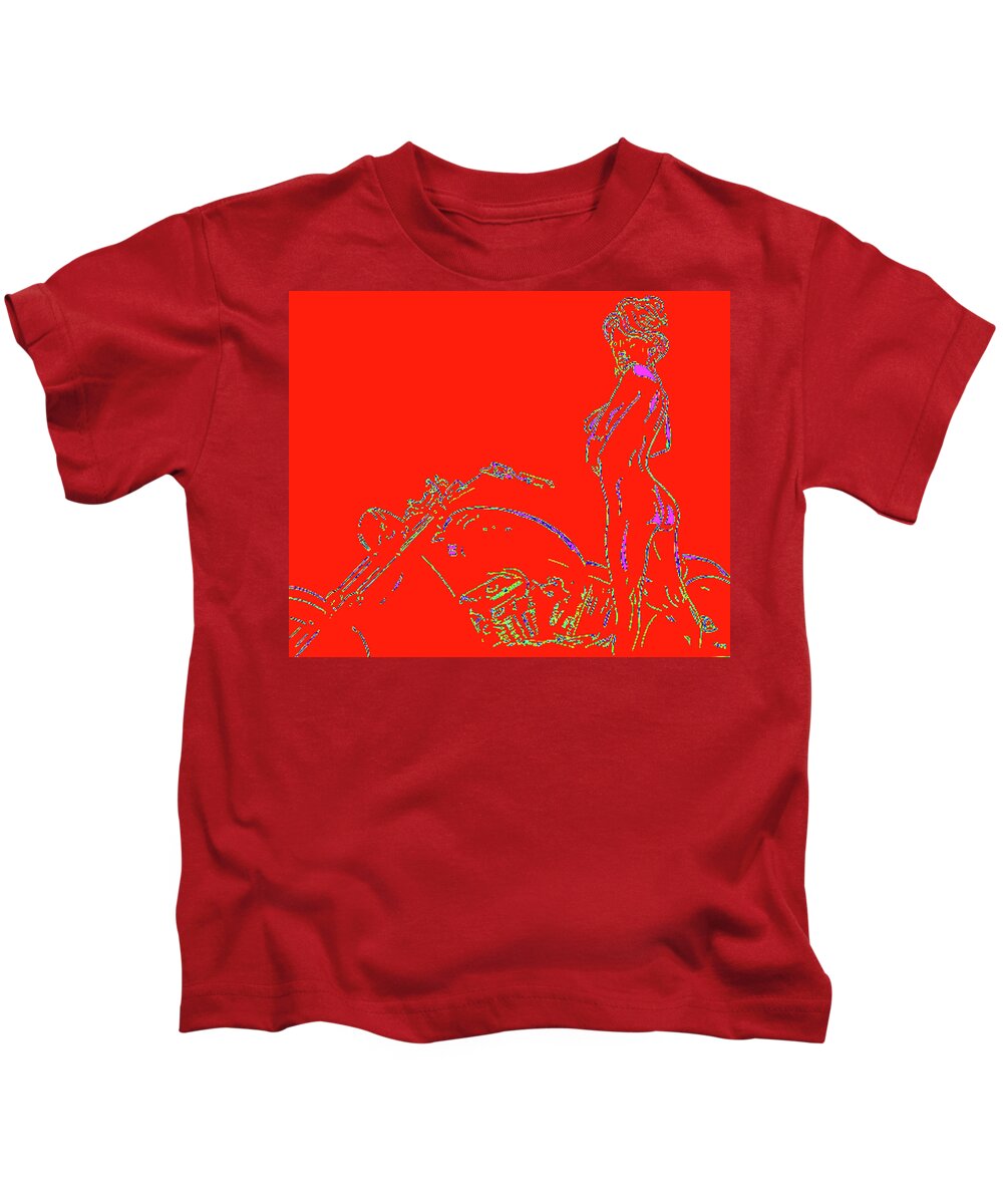  Nude Paintings Kids T-Shirt featuring the digital art Red Biker Biatch PS by Mayhem Mediums