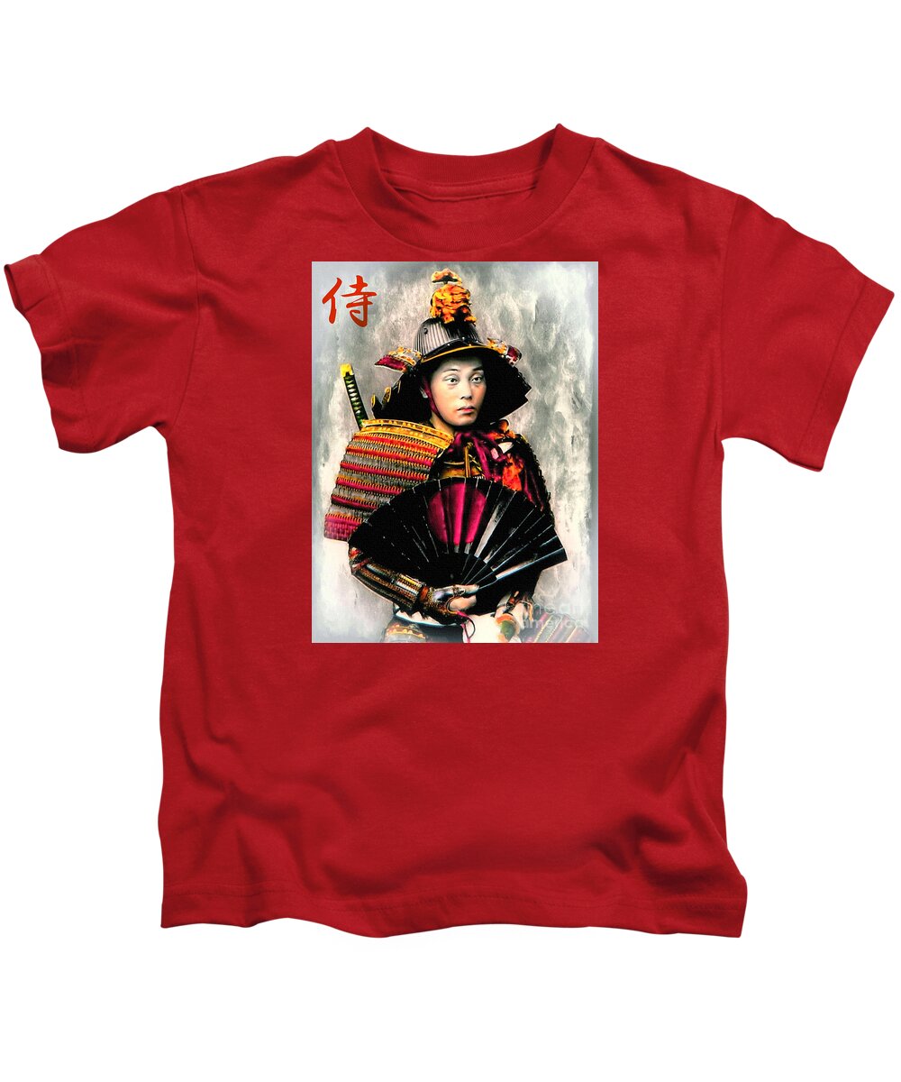 Samurai Kids T-Shirt featuring the painting Samurai 1898 With Iron Fan by Ian Gledhill