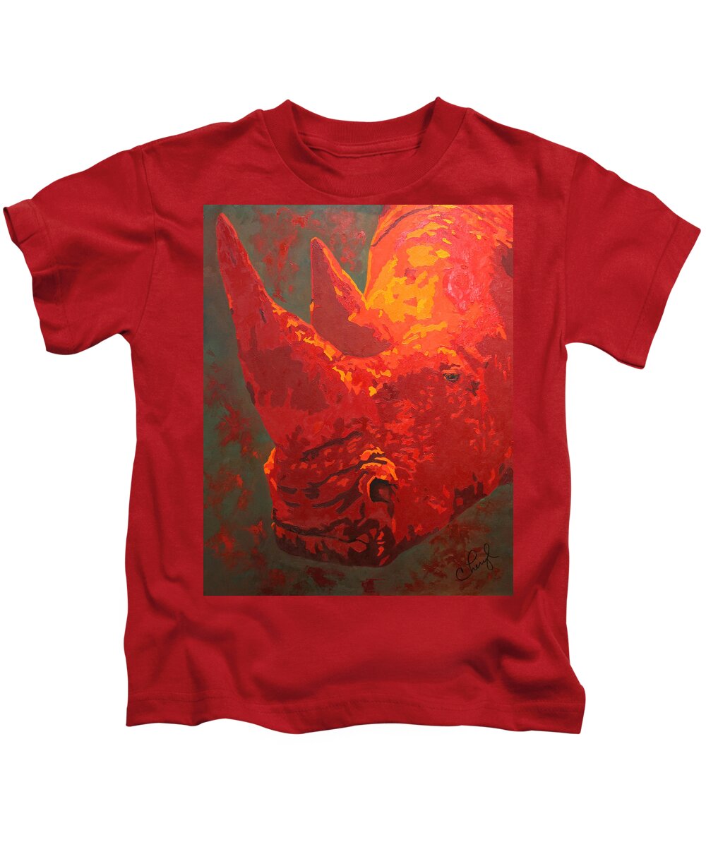 Rhinoceros Kids T-Shirt featuring the painting Seeing Red by Cheryl Bowman