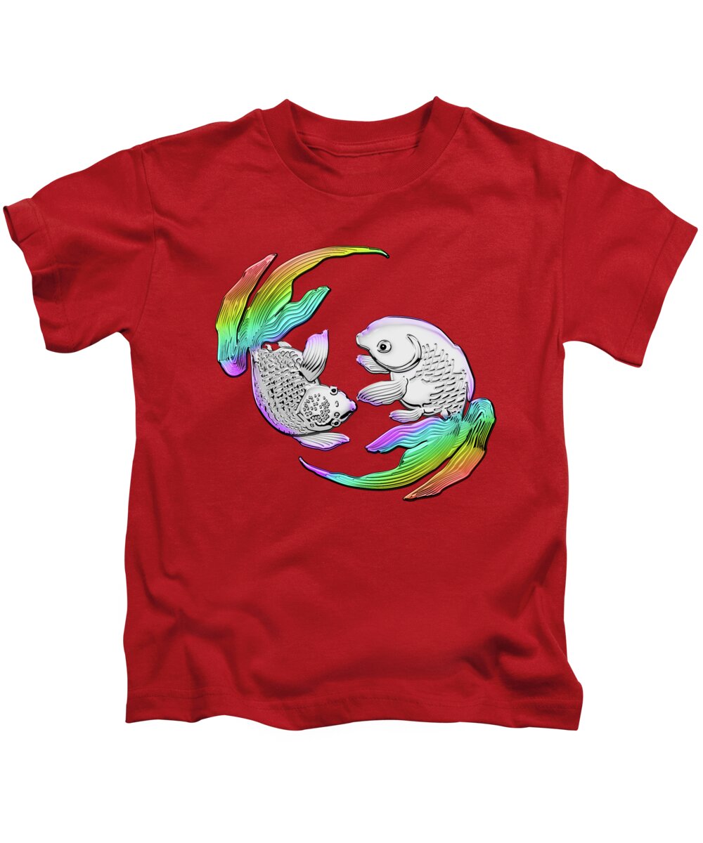 'beasts Creatures And Critters' Collection By Serge Averbukh Kids T-Shirt featuring the digital art Silver Japanese Koi Goldfish over Red Canvas by Serge Averbukh