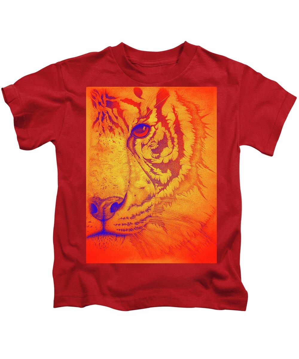  Tigers Digital Art Kids T-Shirt featuring the drawing Sunburst tiger by Mayhem Mediums