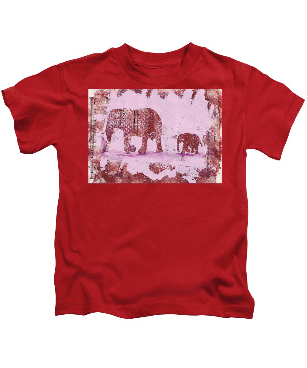 Elephant Kids T-Shirt featuring the mixed media The Elephant March by Ruth Kamenev