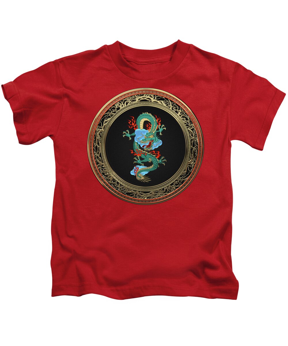 'treasure Trove' Collection By Serge Averbukh Kids T-Shirt featuring the digital art Treasure Trove - Turquoise Dragon over Red Velvet by Serge Averbukh