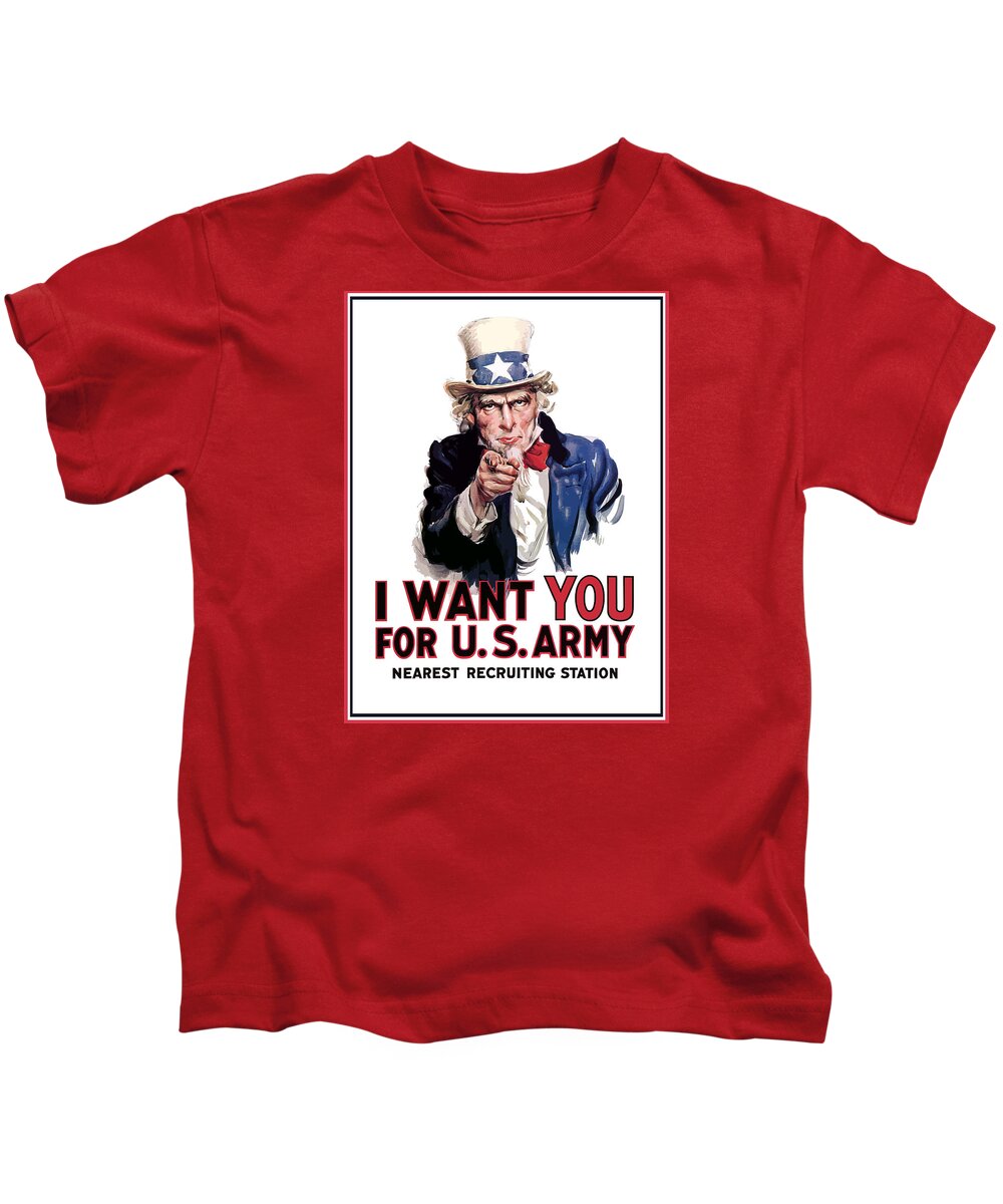 Ww2 Kids T-Shirt featuring the painting Uncle Sam -- I Want You by War Is Hell Store