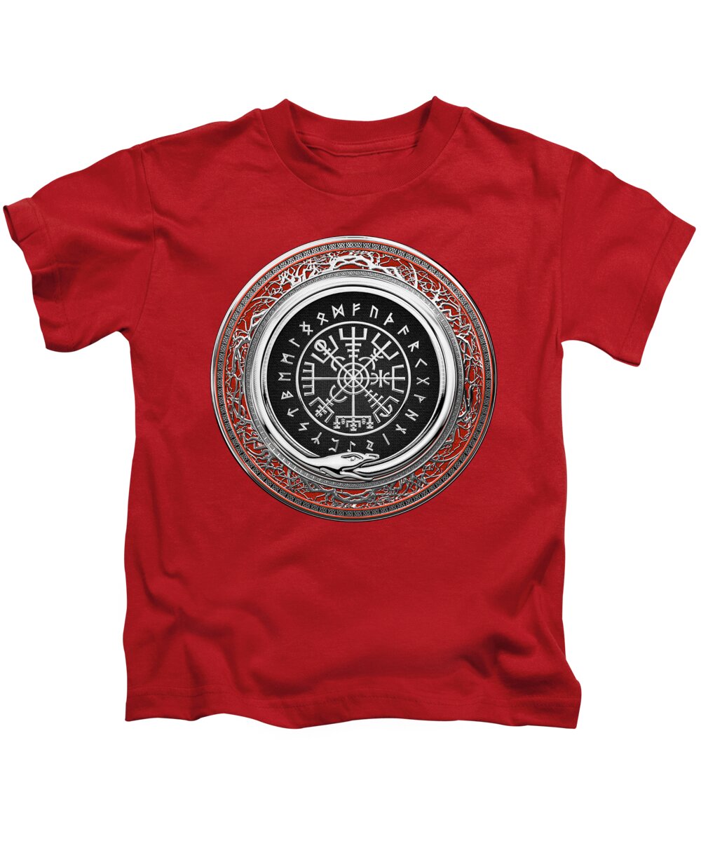 'viking Treasures' By Serge Averbukh Kids T-Shirt featuring the digital art Vegvisir - A Silver Magic Viking Runic Compass on Red Leather by Serge Averbukh