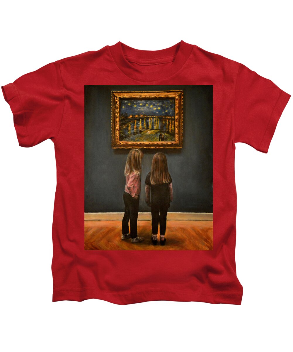Famous Paintings Kids T-Shirt featuring the painting Watching Van Gogh Starry Night Over The River Rhone by Escha Van den bogerd