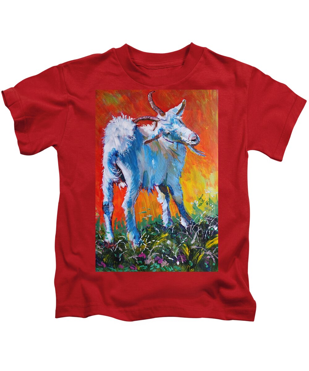 Goat Kids T-Shirt featuring the painting White Goat Painting - Scratching My Back by Mike Jory