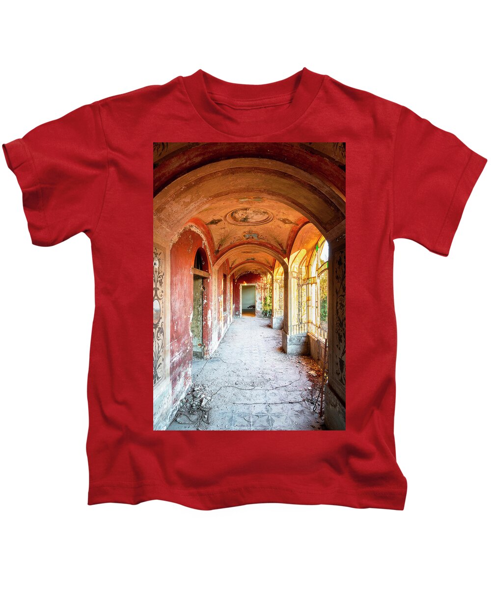 Urban Kids T-Shirt featuring the photograph Abandoned Hallway during Sunset by Roman Robroek