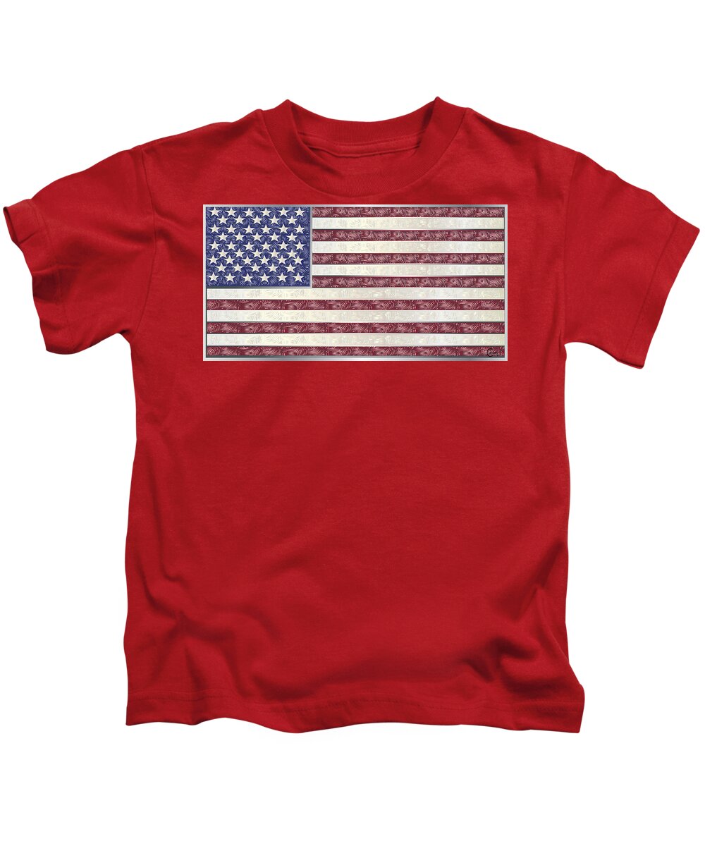 American Flag Kids T-Shirt featuring the digital art American Flag Red White Blue Metallic Deco by Cecely Bloom