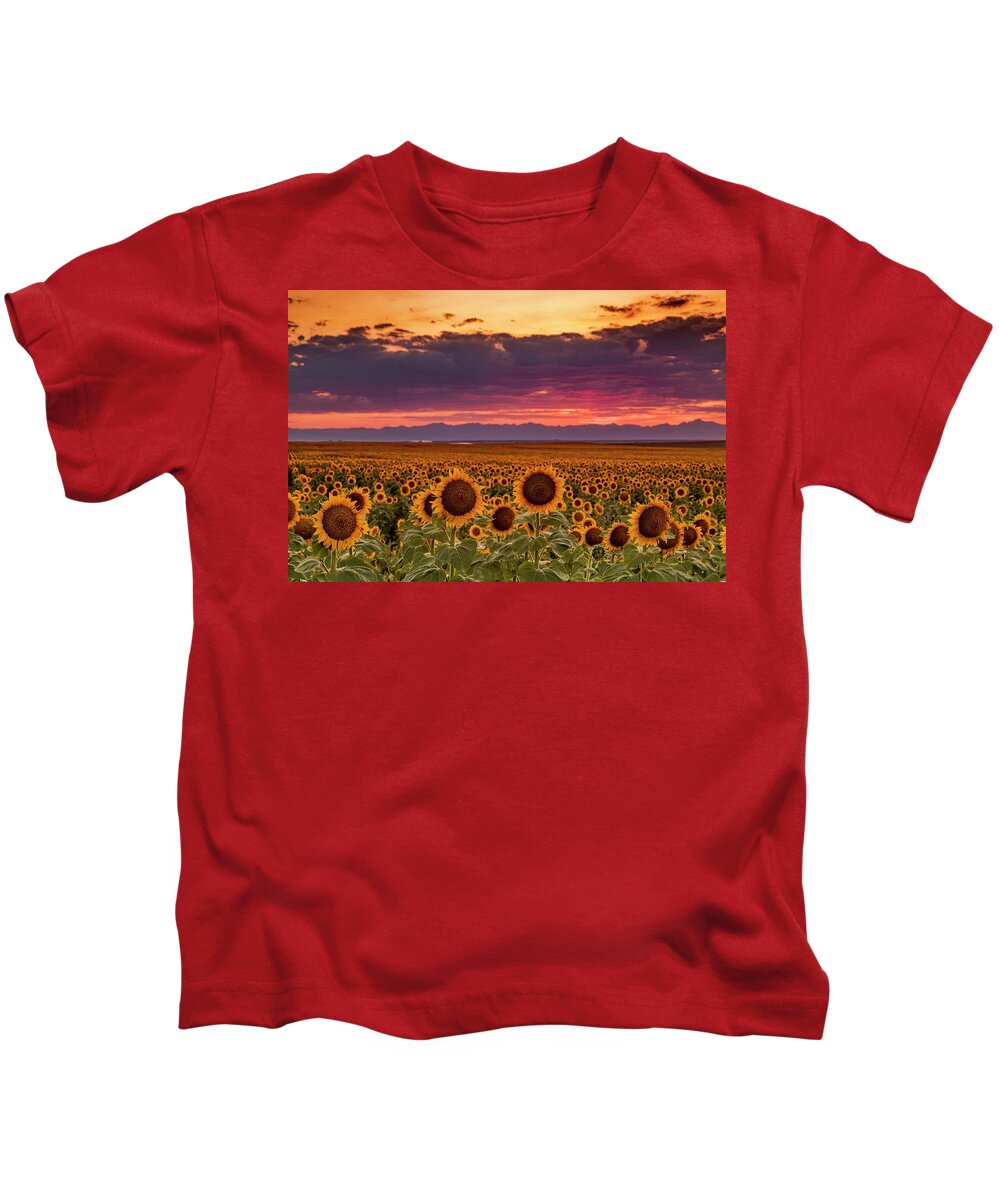 Colorado Kids T-Shirt featuring the photograph Beautiful Colorado Sunset Over Sunflower Fields by Teri Virbickis