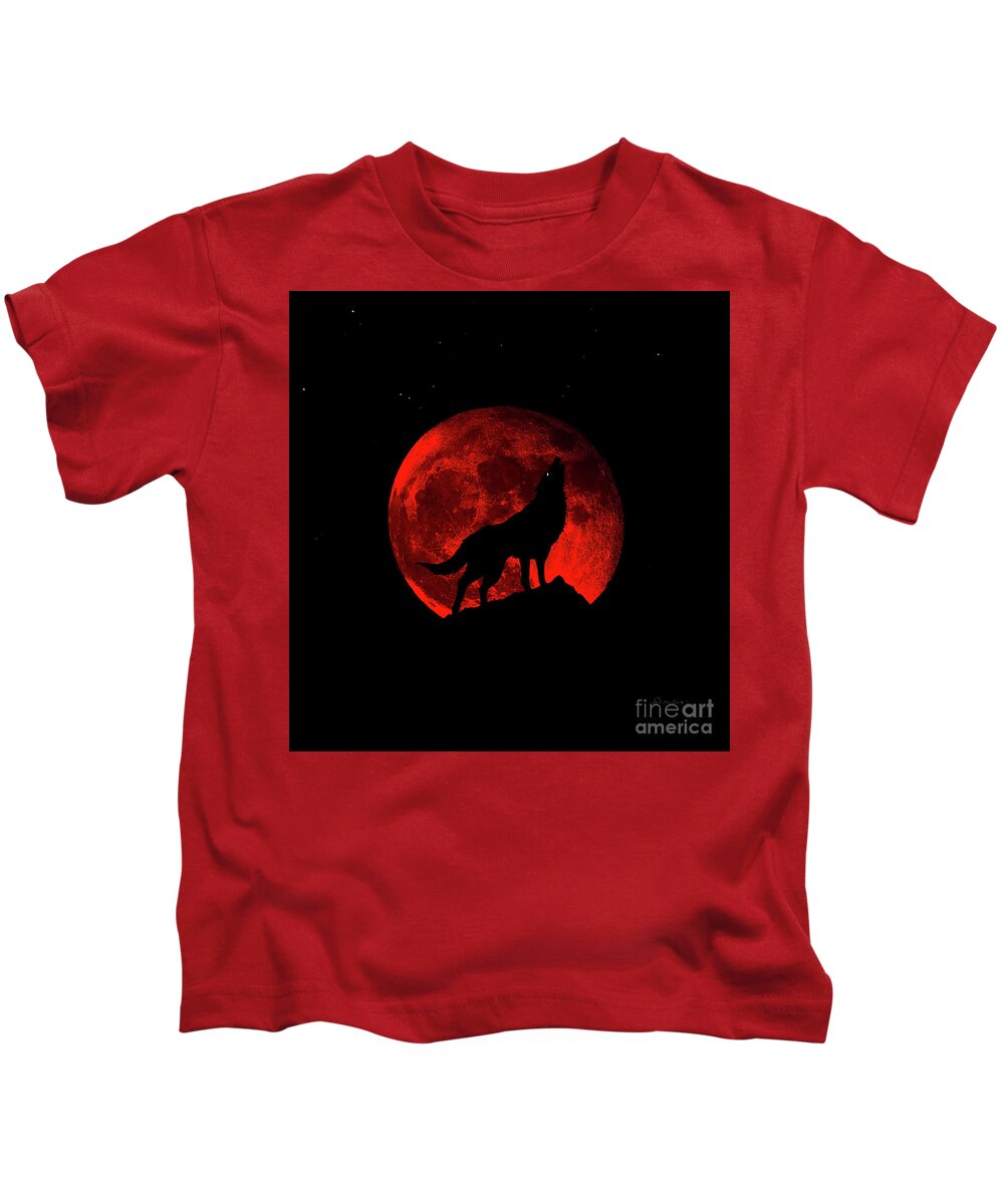 Bloodred Wolf Moon Kids T-Shirt featuring the photograph Blood Red Wolf Supermoon Eclipse 873l by Ricardos Creations