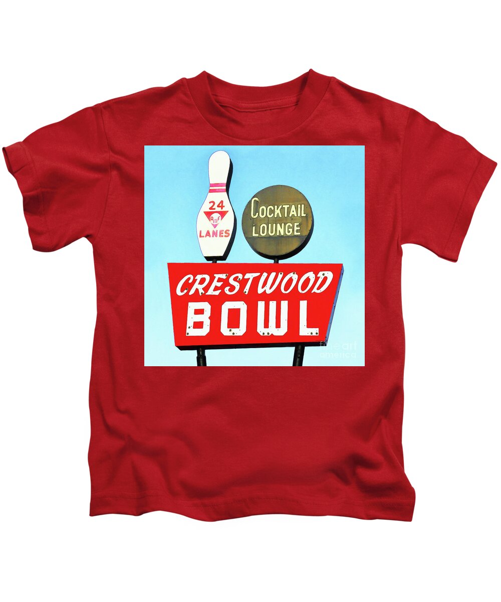 Wingsdomain Kids T-Shirt featuring the photograph Crestwood Bowl Bowling Alley 20190105 square by Wingsdomain Art and Photography