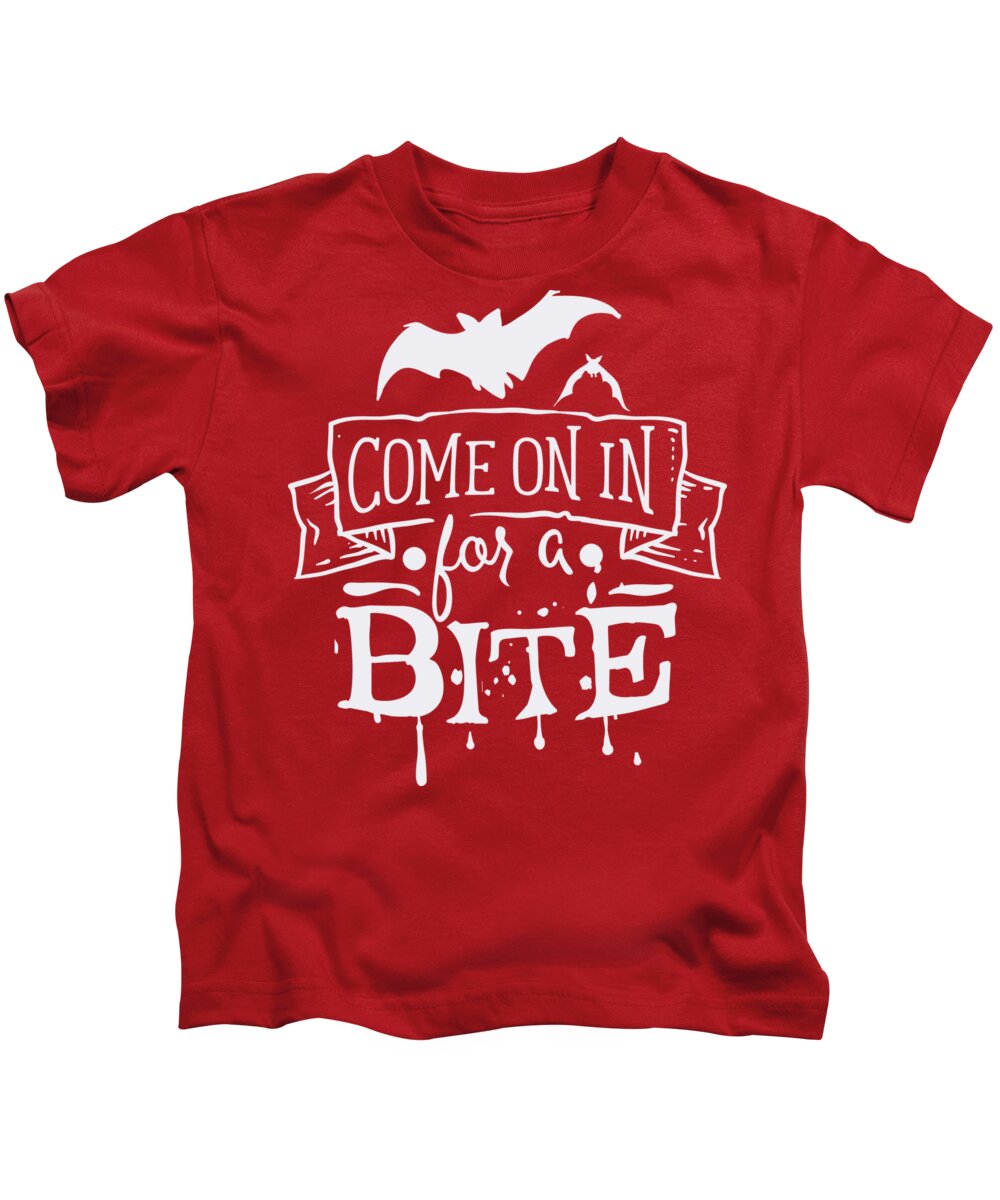 Halloween Kids T-Shirt featuring the digital art Halloween Quote Come on in for a Bite by Matthias Hauser