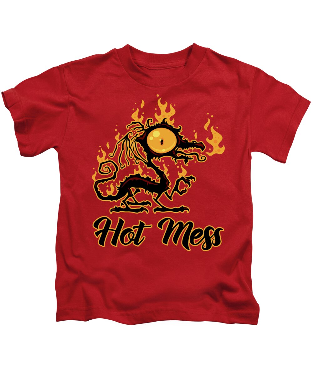 Black Kids T-Shirt featuring the digital art Hot Mess Crispy Dragon by John Schwegel