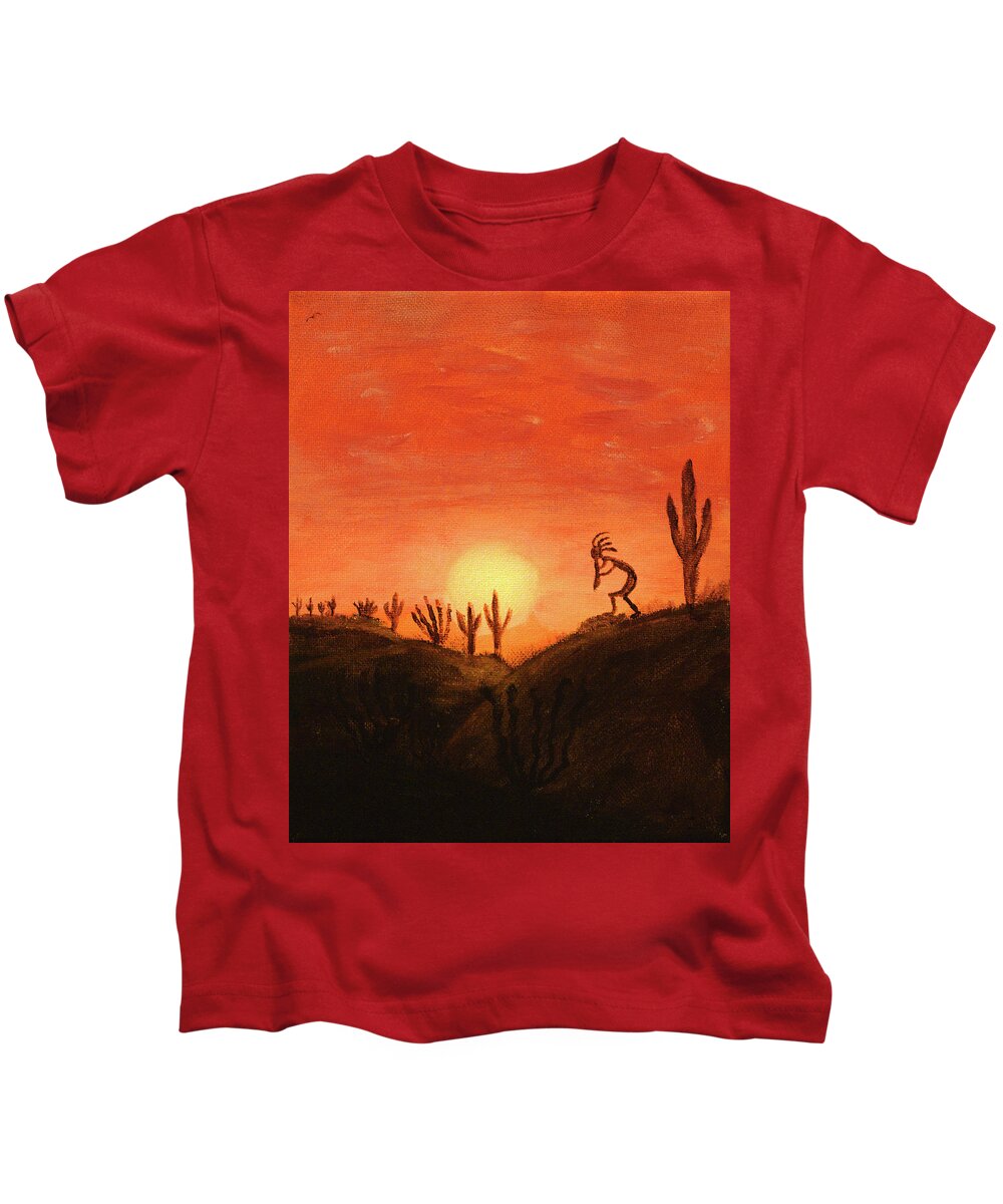 Kokopelli Kids T-Shirt featuring the painting Kokopelli's Sunset Song by Chance Kafka