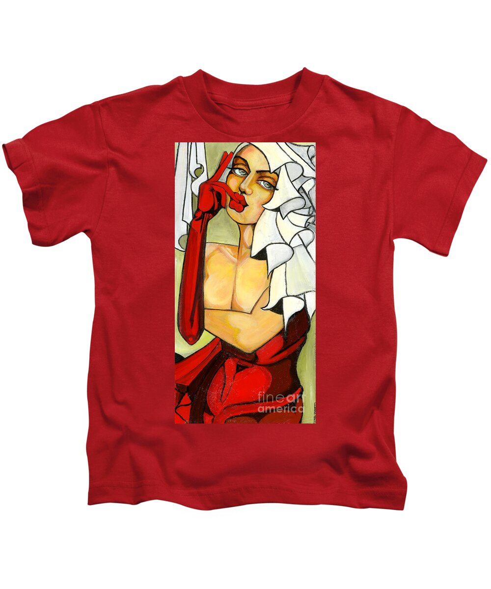 Woman Kids T-Shirt featuring the painting Lady in red with flowers by Luana Sacchetti