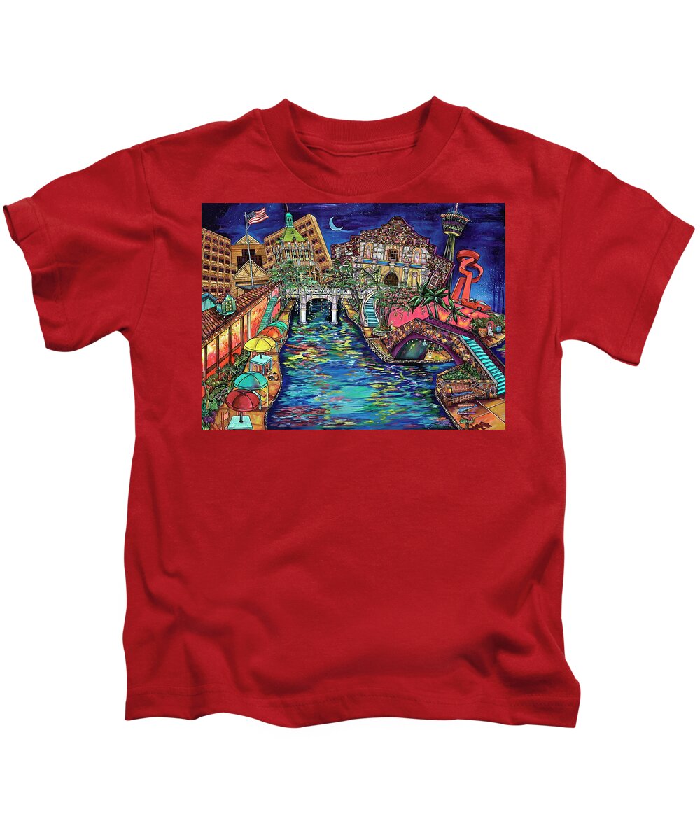 San Antonio Kids T-Shirt featuring the painting Lights on the Banks of the River by Patti Schermerhorn