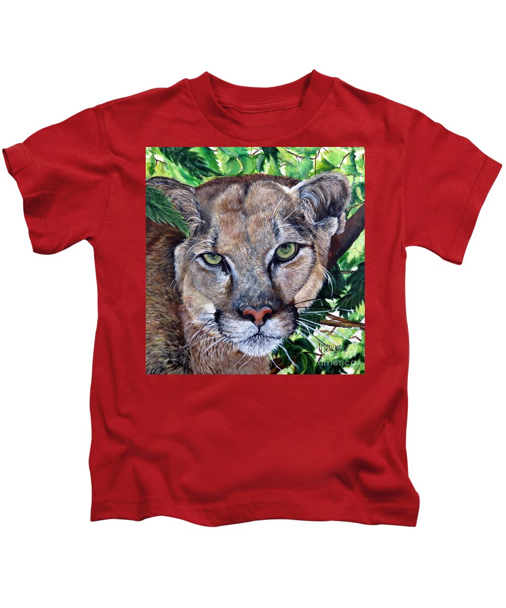 Mountain Lion Kids T-Shirt featuring the painting Mountain Lion Portrait by Marilyn McNish