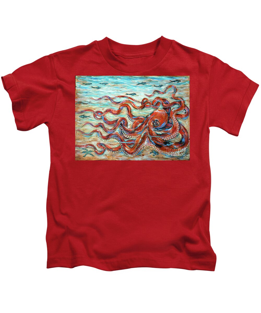 Ocean Kids T-Shirt featuring the painting Octopus Crawl Red by Linda Olsen