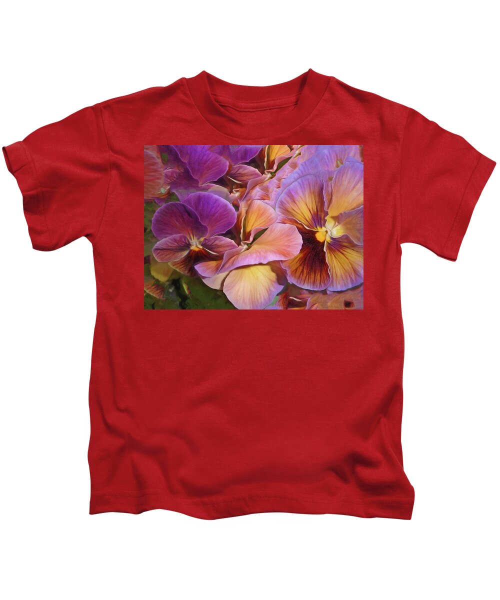 Pansy Kids T-Shirt featuring the photograph Pansy Field in Violet and Yellow 6 by Lynda Lehmann