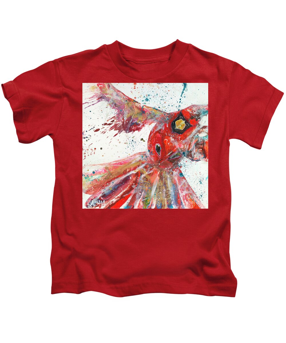 Red Cardinal Kids T-Shirt featuring the painting Perch by Kasha Ritter