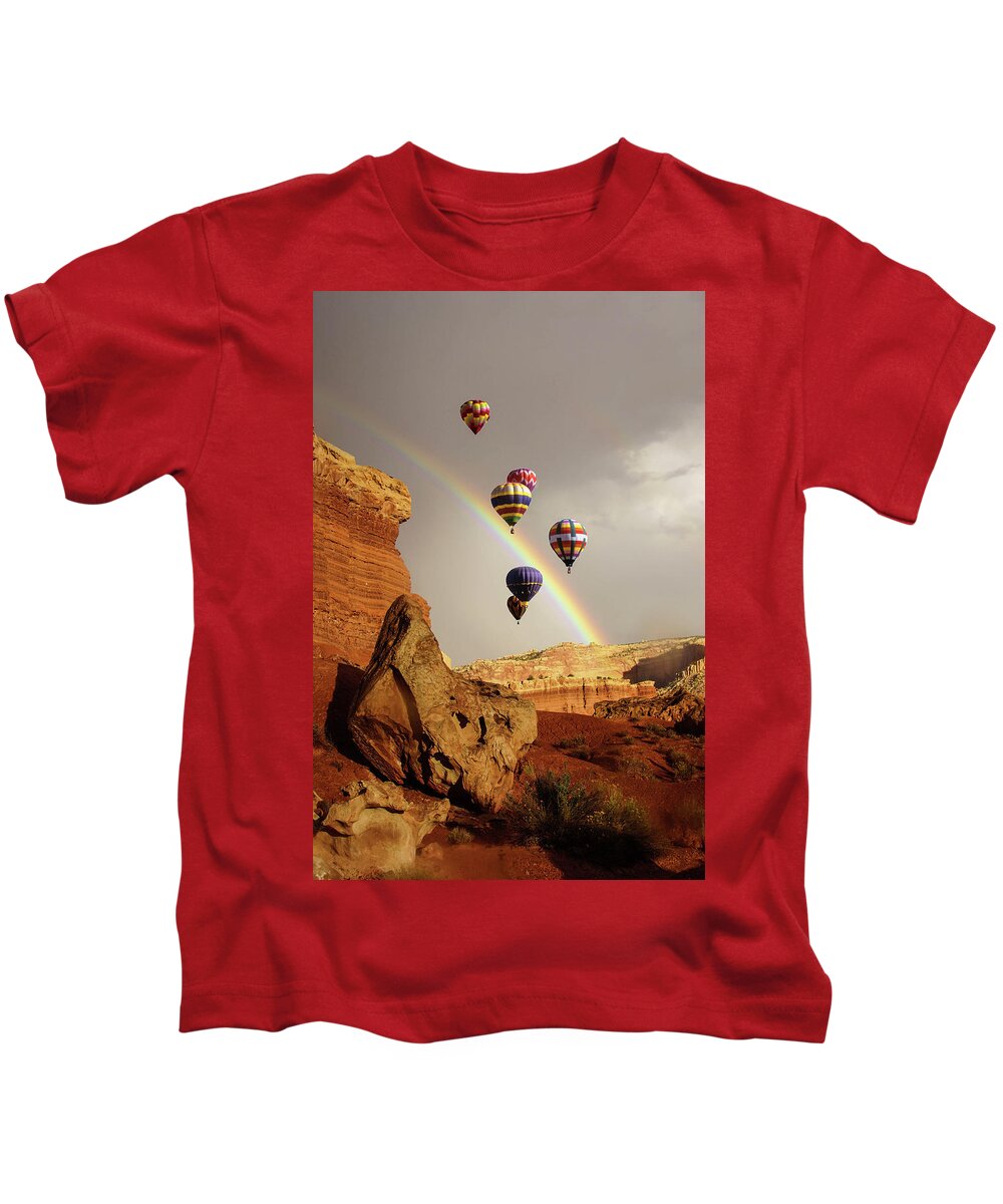 New Mexico Kids T-Shirt featuring the photograph Rainbow and brief dramatic sunshine by Steve Estvanik