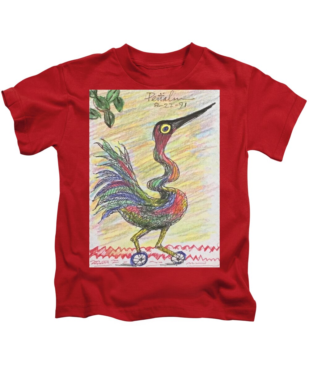 Ricardosart37 Kids T-Shirt featuring the drawing Rainbow Crane on Wheels by Ricardo Penalver deceased