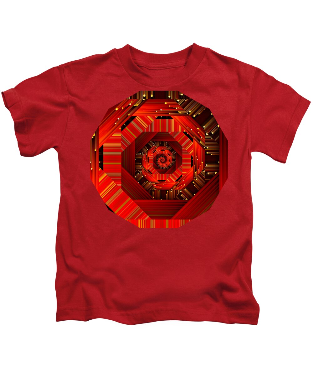 Modern Kids T-Shirt featuring the digital art Red Black and Gold Spiral Quantum Mechanics by Rachel Hannah