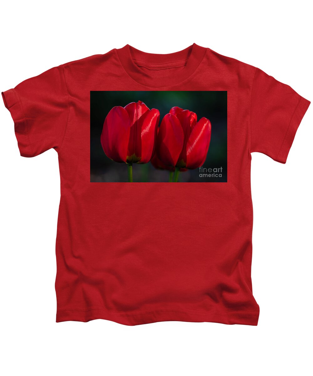 Photography Kids T-Shirt featuring the photograph Twin Red Tulips by Alma Danison