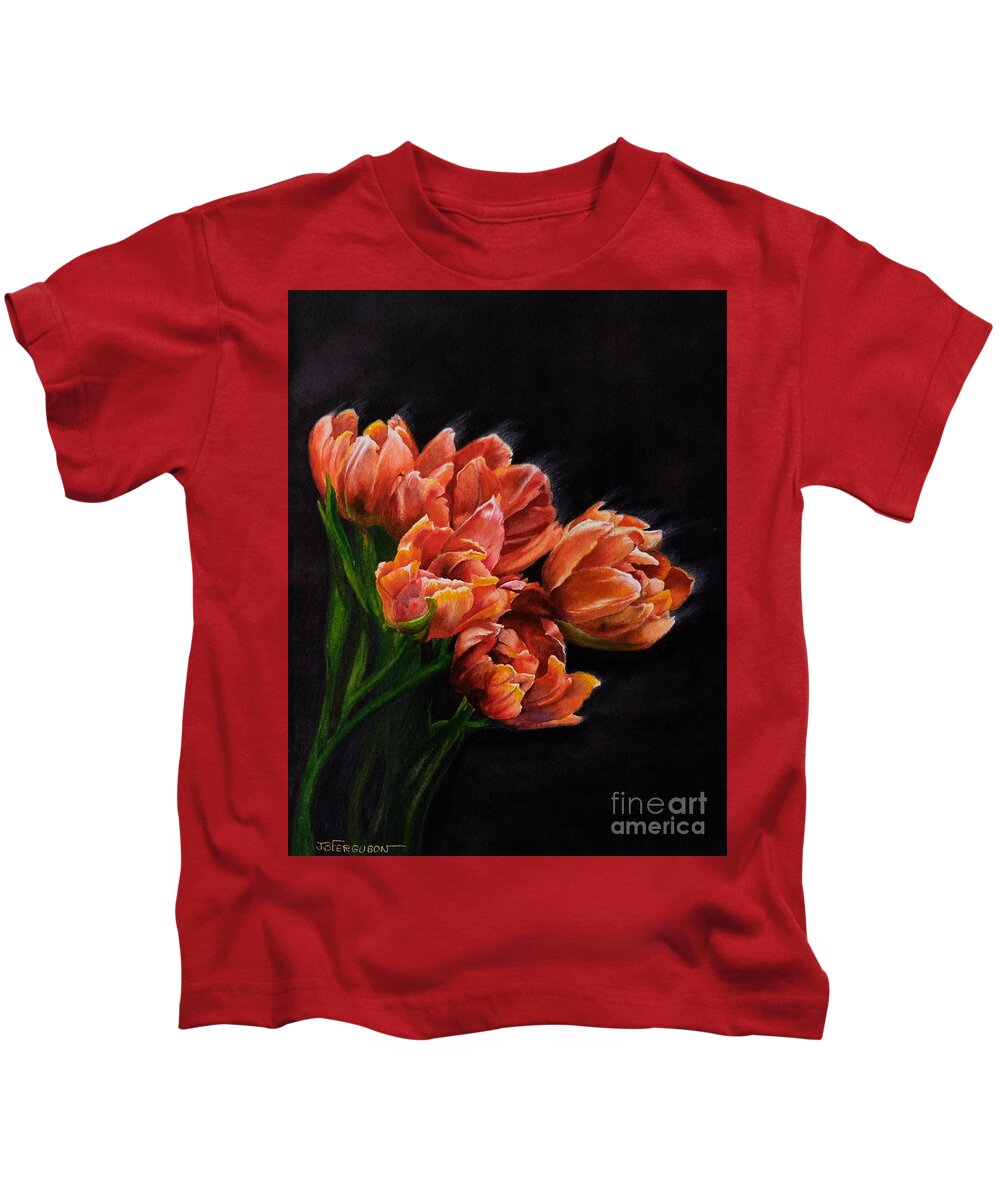 Still Life Kids T-Shirt featuring the painting Red Tulips by Jeanette Ferguson