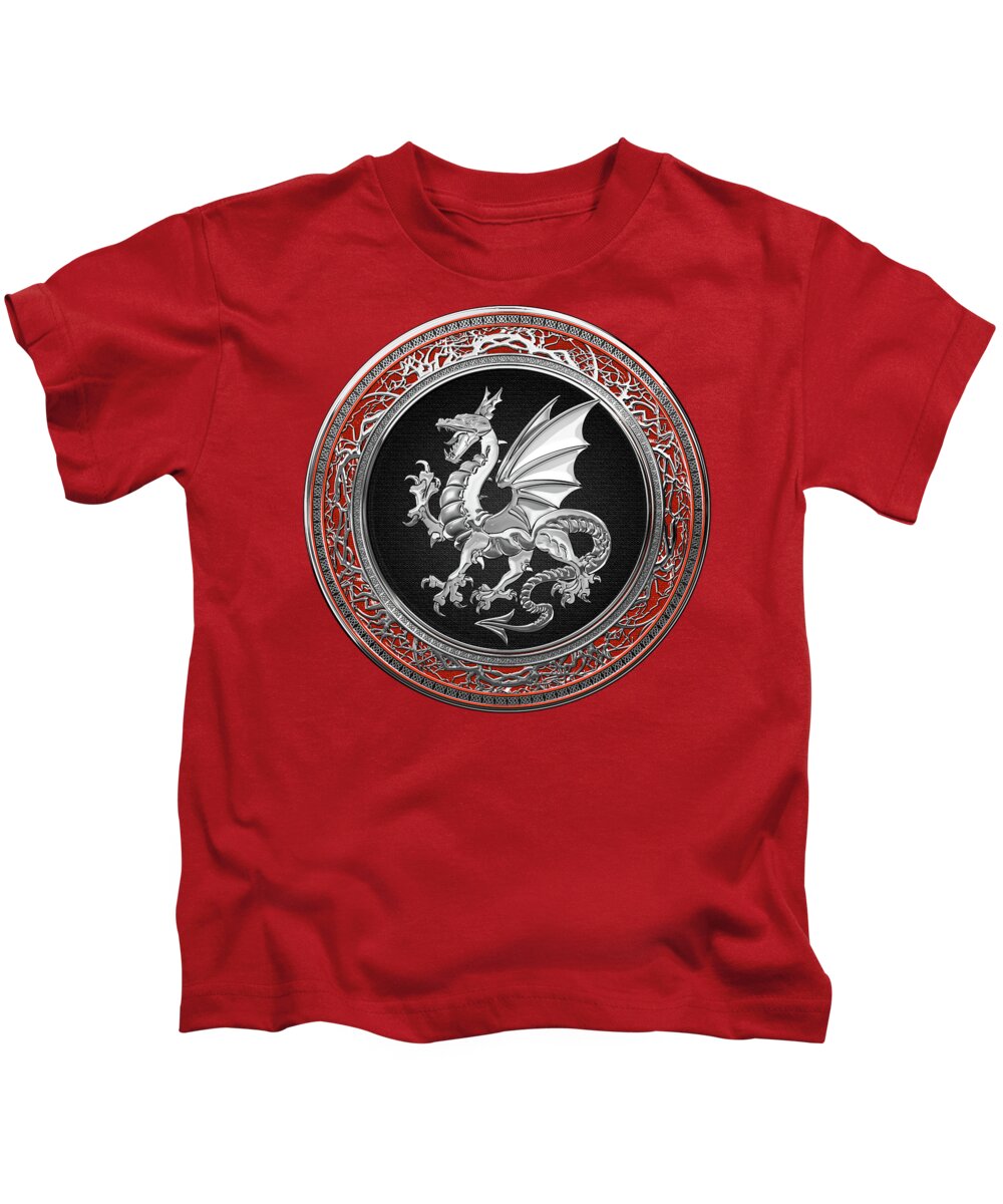 ‘dragons’ Collection By Serge Averbukh Kids T-Shirt featuring the digital art Silver Winged Norse Dragon - Icelandic Viking Landvaettir on Black and Silver Medallion over Red by Serge Averbukh