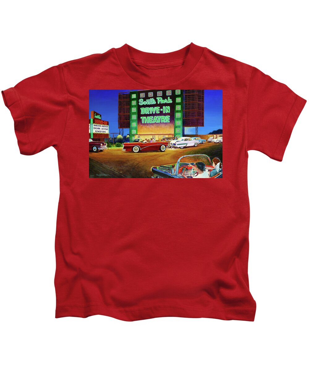Fifties Summer Remembered South Park Drive-in Theatre Theater Neon Lights 1950 Kids T-Shirt featuring the painting A Summer Remembered by Randy Welborn