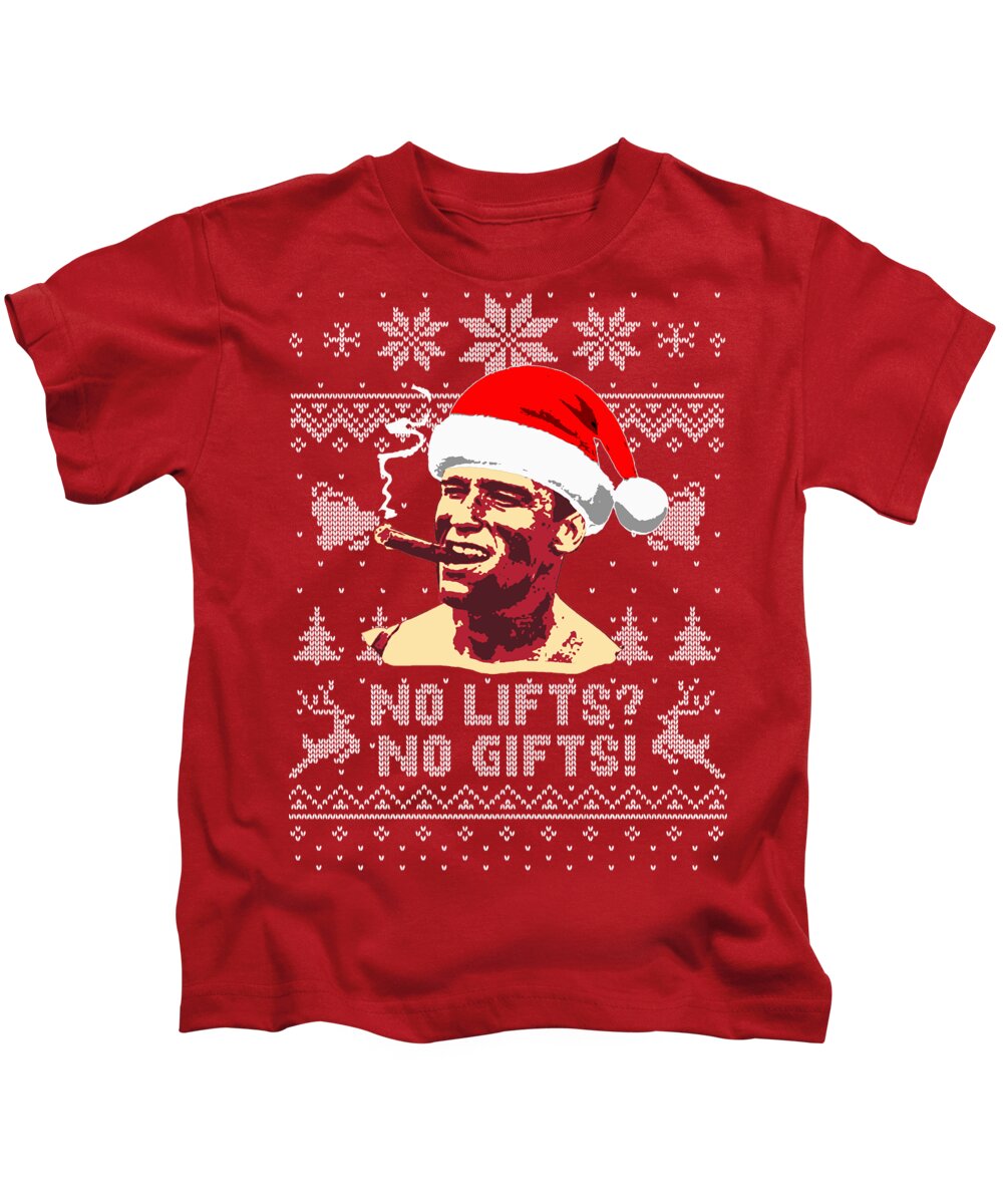 Santa Kids T-Shirt featuring the digital art Arnold Schwarzenegger No Lifts No Gifts by Megan Miller