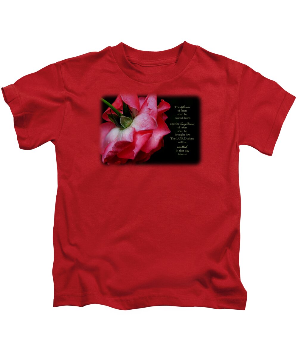 Rose Takes A Bow Kids T-Shirt featuring the photograph Pink Rose Takes a Bow - Verse by Anita Faye