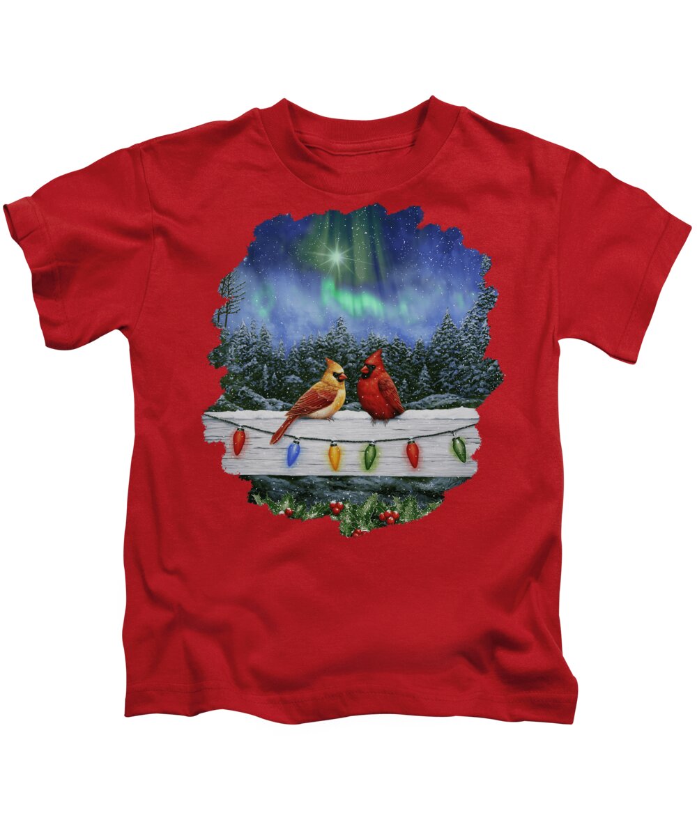Bird Kids T-Shirt featuring the painting Bird Painting - Christmas Cardinals by Crista Forest