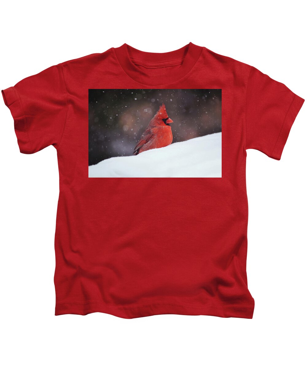 Bird Kids T-Shirt featuring the photograph Cardinal So its Snowing by Gaby Ethington