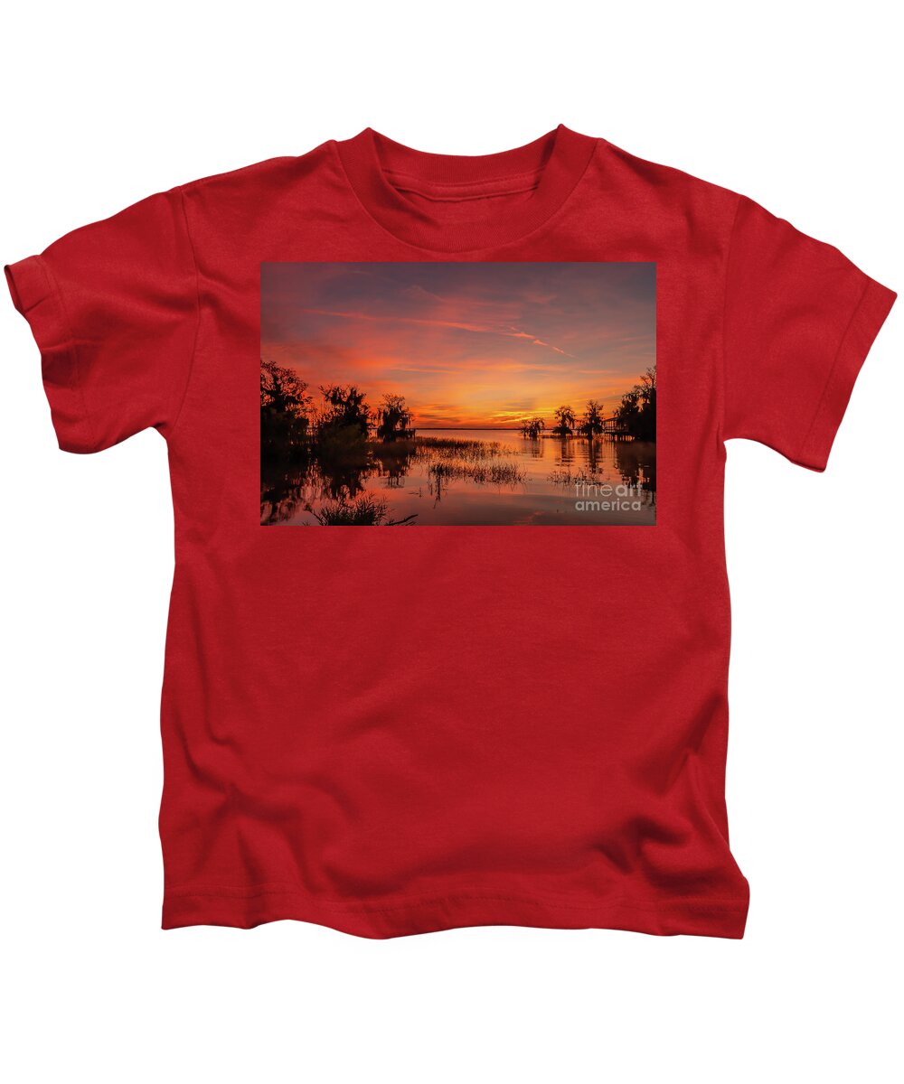 Sun Kids T-Shirt featuring the photograph Colorful Blue Cypress Sunrise by Tom Claud